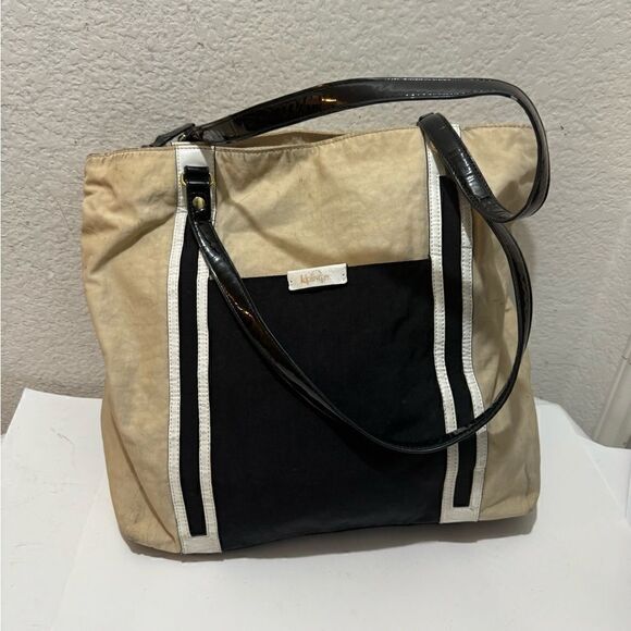 Kipling Large Tote cream black white nylon patent black handles - Picture 2 of 13